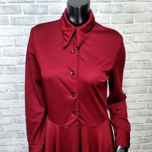 Vintage 70s Jan Sue Calif Womens M Burgundy Polyester L/S Disco Shirt Dress - Picture 2 of 8